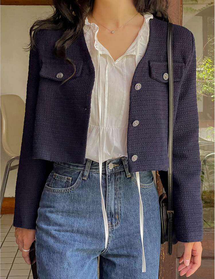 ✨리뷰극찬✨ 프렌치 시크 노카라 브이넥 트위드 자켓 네이비(브이넥)