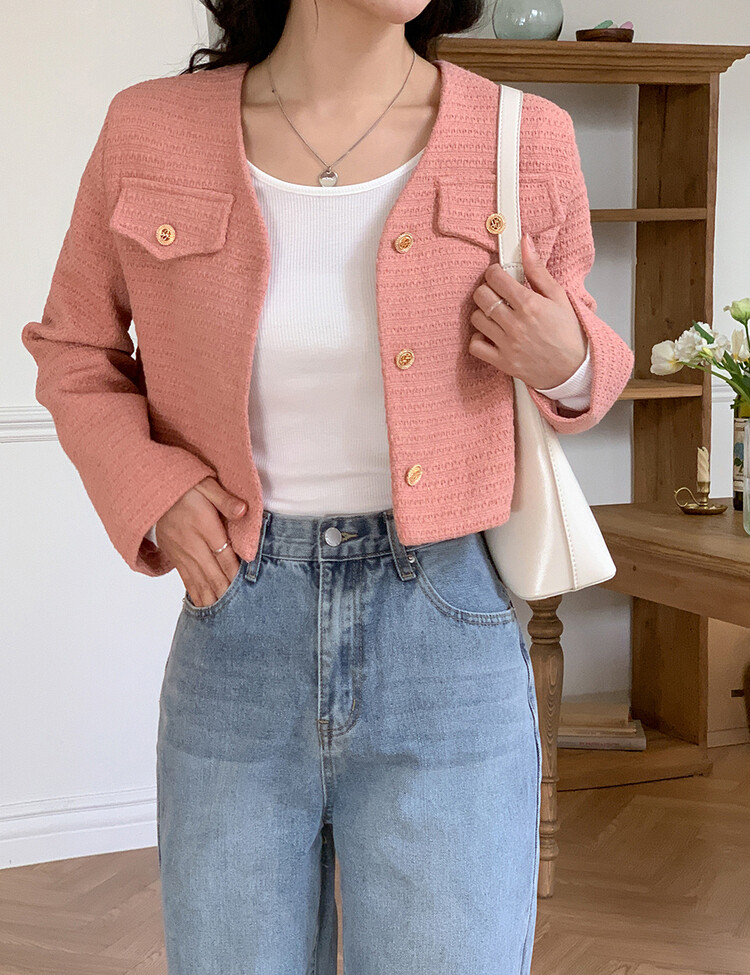 ✨리뷰극찬✨ 프렌치 시크 노카라 브이넥 트위드 자켓 핑크(브이넥)