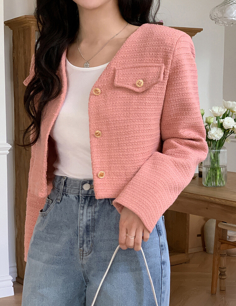 ✨리뷰극찬✨ 프렌치 시크 노카라 브이넥 트위드 자켓 핑크(브이넥)