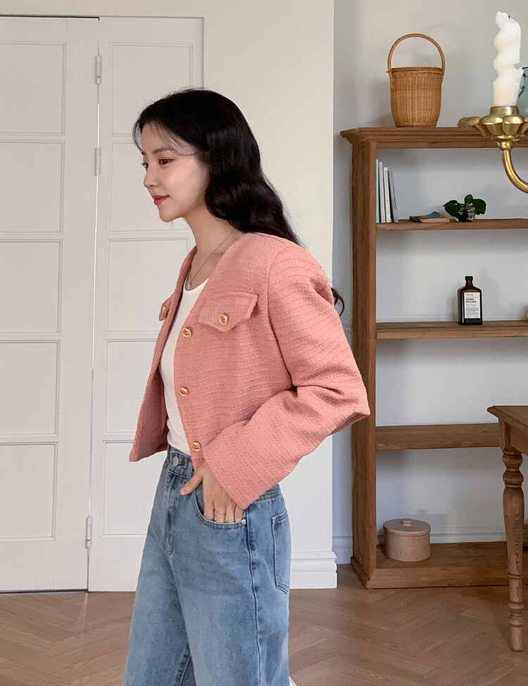 ✨리뷰극찬✨ 프렌치 시크 노카라 브이넥 트위드 자켓 핑크(브이넥)