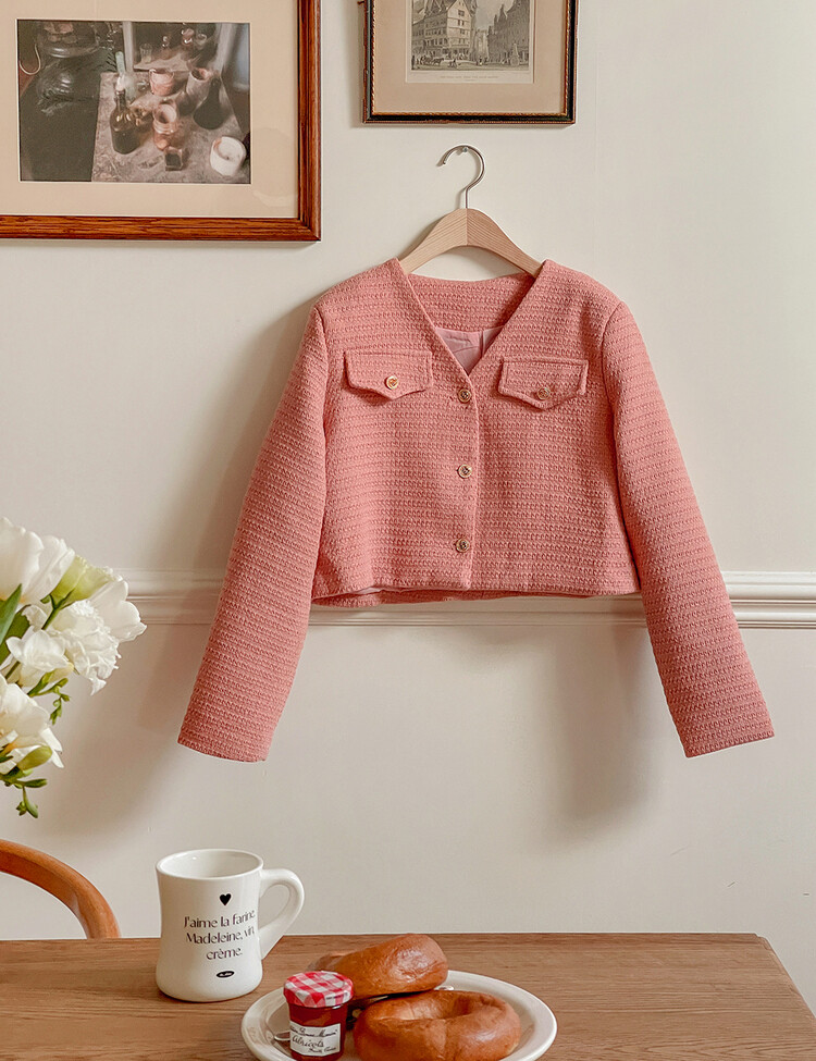 ✨리뷰극찬✨ 프렌치 시크 노카라 브이넥 트위드 자켓 핑크(브이넥)