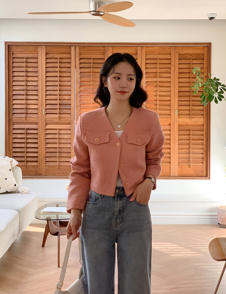 ✨리뷰극찬✨ 프렌치 시크 노카라 브이넥 트위드 자켓 핑크(브이넥)