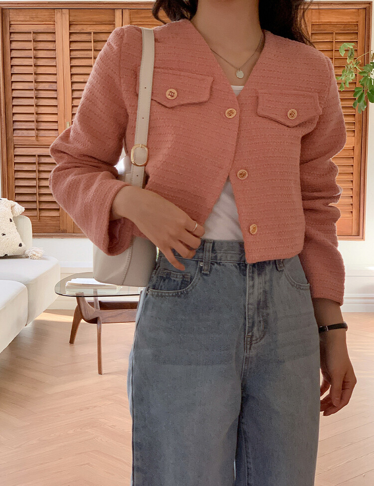 ✨리뷰극찬✨ 프렌치 시크 노카라 브이넥 트위드 자켓 핑크(브이넥)