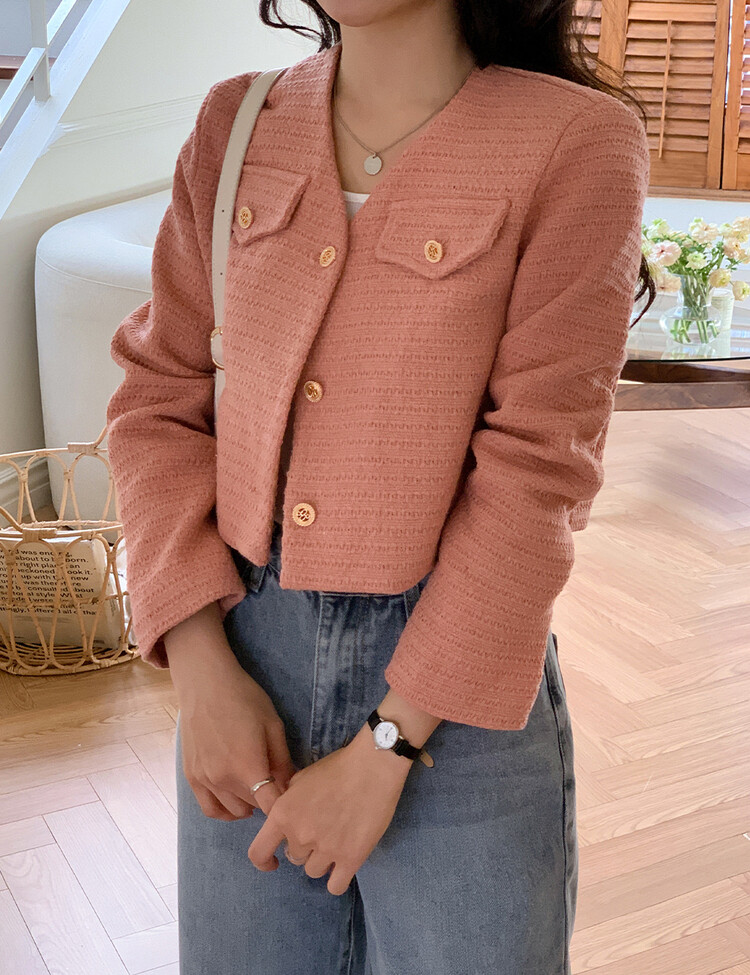 ✨리뷰극찬✨ 프렌치 시크 노카라 브이넥 트위드 자켓 핑크(브이넥)