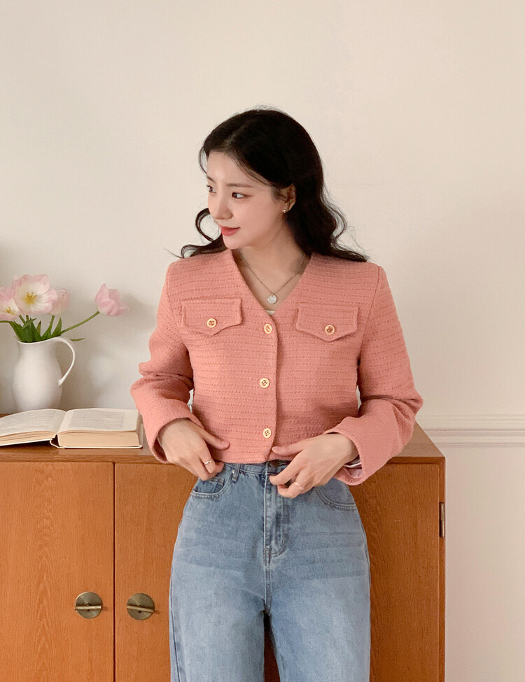 ✨리뷰극찬✨ 프렌치 시크 노카라 브이넥 트위드 자켓 핑크(브이넥)