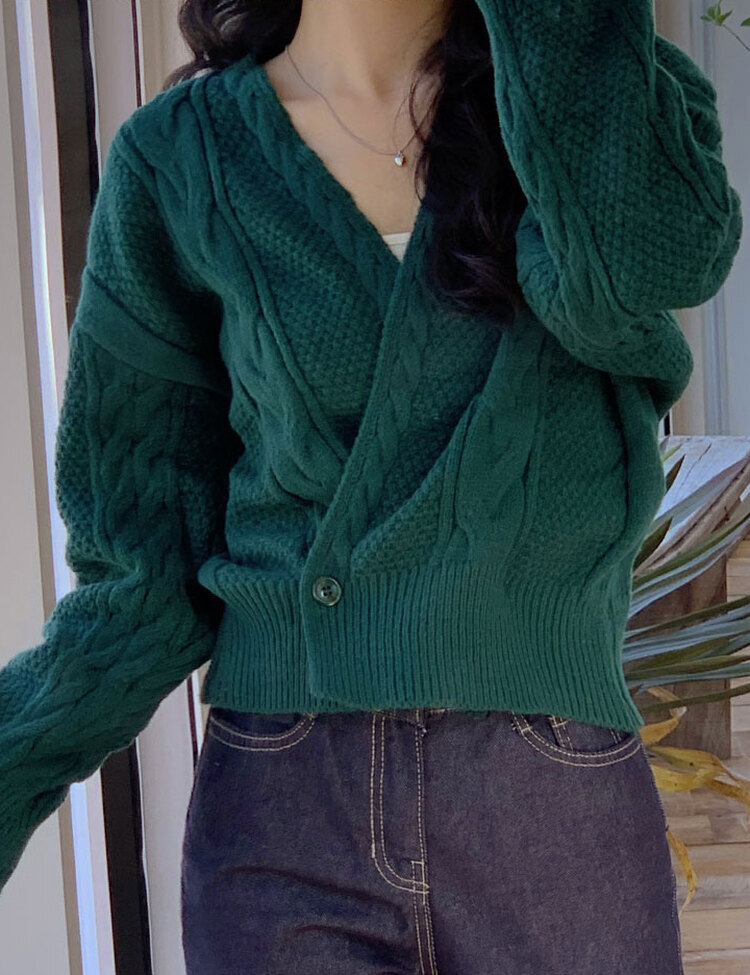 디데이 브이넥 니트 가디건 그린