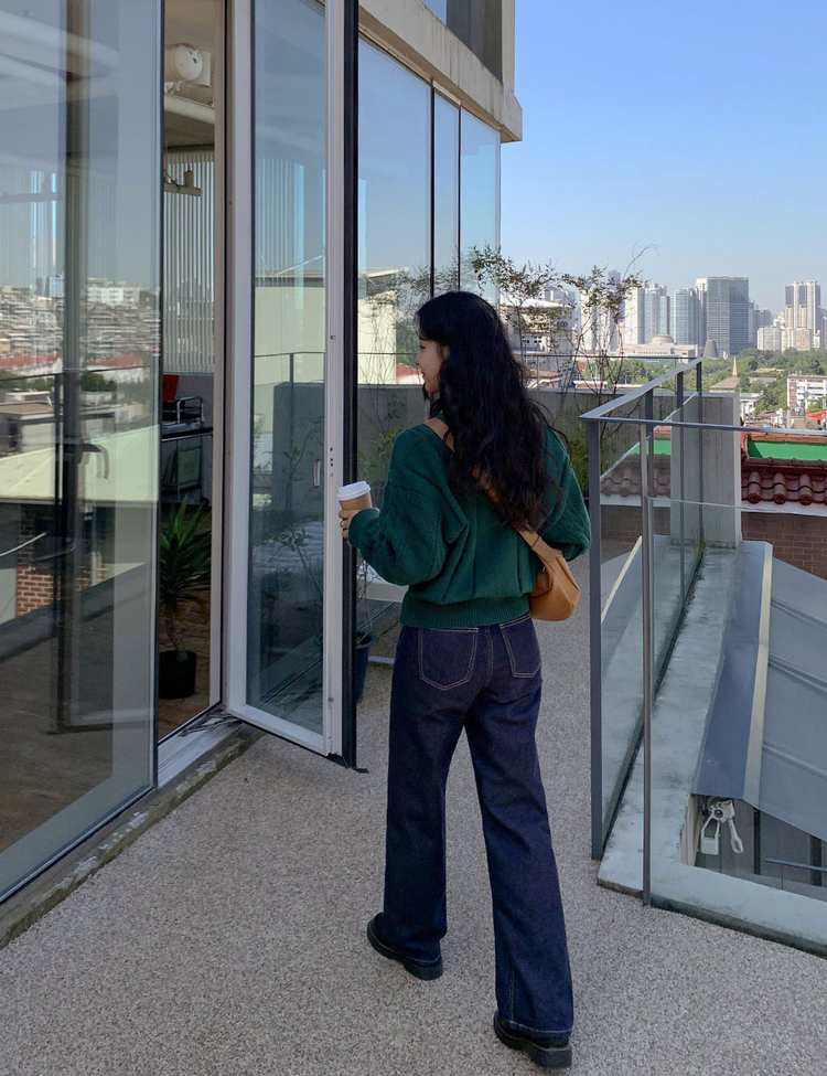 디데이 브이넥 니트 가디건 그린