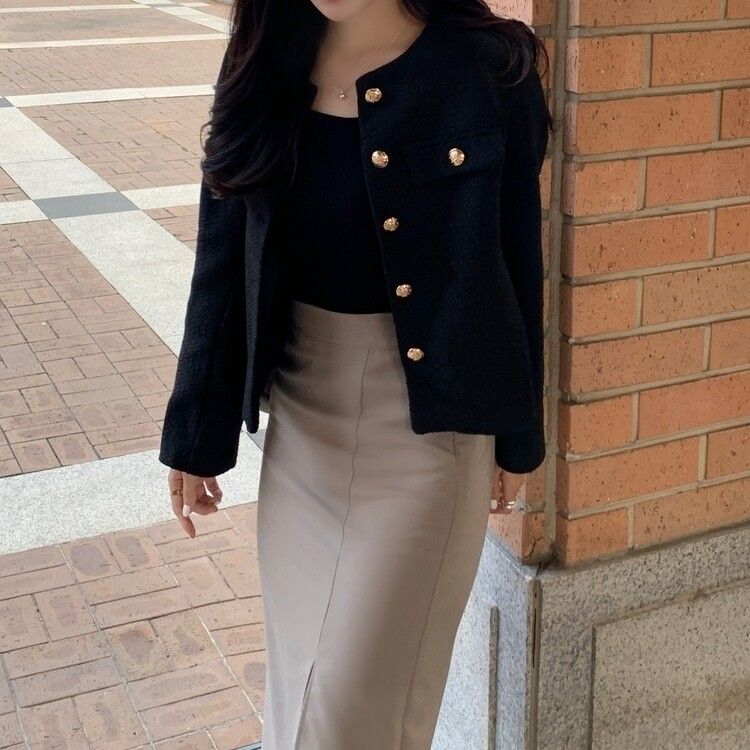 美品】エストネーション ノーカラー ジャケット ツイード 金ボタン 38