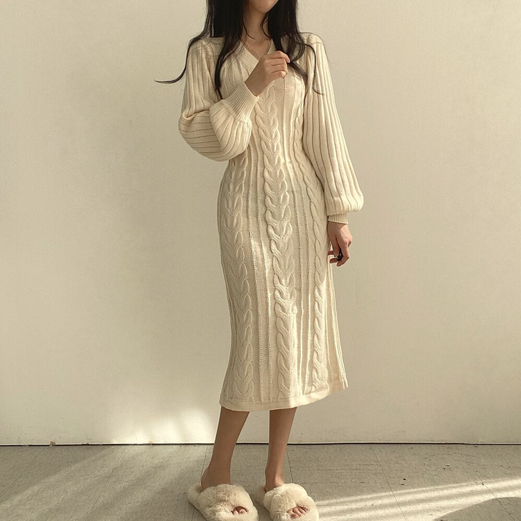 Vネックケーブルニットロングワンピース｜ロングワンピース｜韓国
