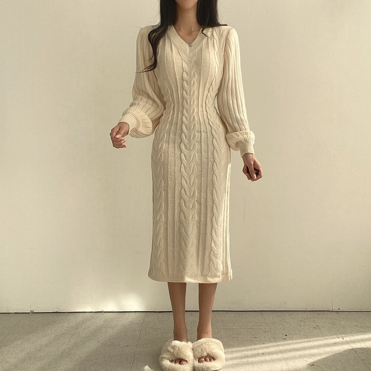 Vネックケーブルニットロングワンピース｜ロングワンピース｜韓国