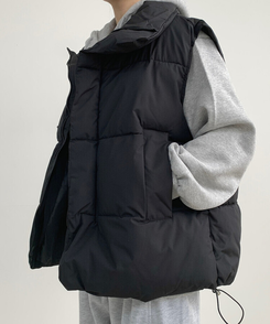 인생핏 하이넥 아방 루즈 도톰 스트링 패딩조끼 블랙