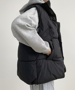 인생핏 하이넥 아방 루즈 도톰 스트링 패딩조끼 블랙