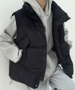 인생핏 하이넥 아방 루즈 도톰 스트링 패딩조끼 블랙