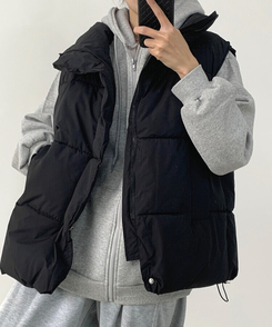 인생핏 하이넥 아방 루즈 도톰 스트링 패딩조끼 블랙