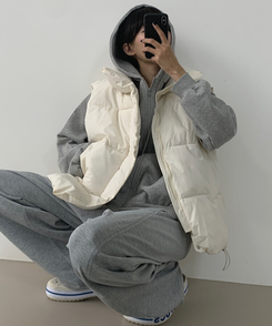 인생핏 하이넥 아방 루즈 도톰 스트링 패딩조끼 크림