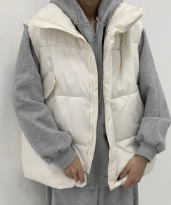 인생핏 하이넥 아방 루즈 도톰 스트링 패딩조끼 크림