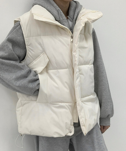 인생핏 하이넥 아방 루즈 도톰 스트링 패딩조끼 크림