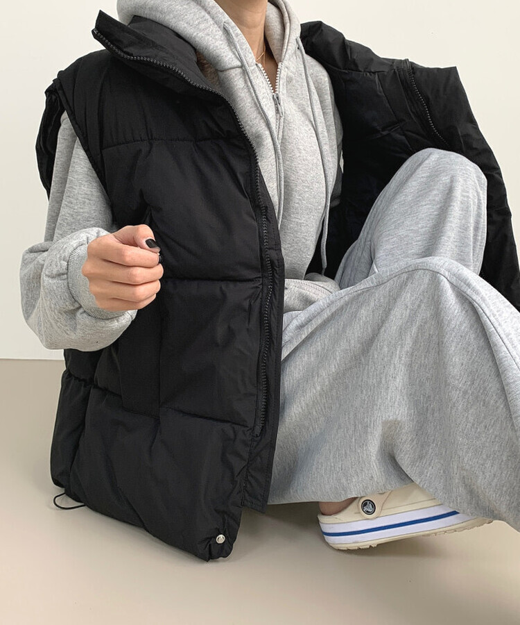 인생핏 하이넥 아방 루즈 도톰 스트링 패딩조끼 블랙