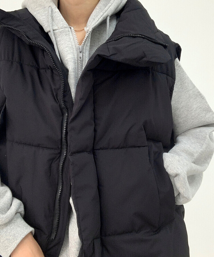 인생핏 하이넥 아방 루즈 도톰 스트링 패딩조끼 블랙