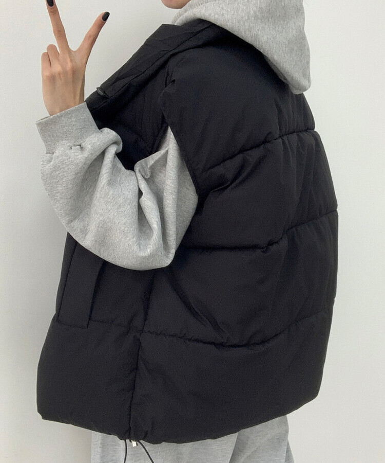 인생핏 하이넥 아방 루즈 도톰 스트링 패딩조끼 블랙