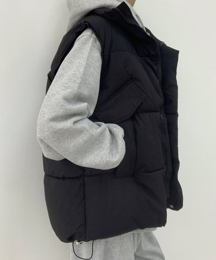인생핏 하이넥 아방 루즈 도톰 스트링 패딩조끼 블랙