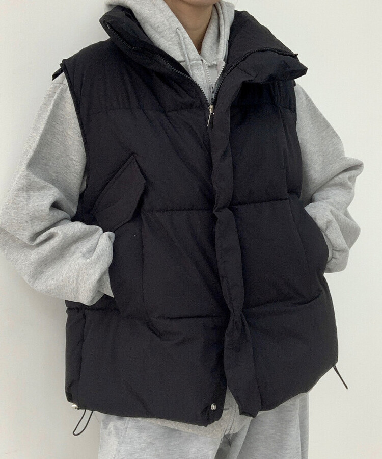 인생핏 하이넥 아방 루즈 도톰 스트링 패딩조끼 블랙