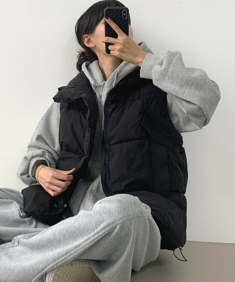 인생핏 하이넥 아방 루즈 도톰 스트링 패딩조끼 블랙