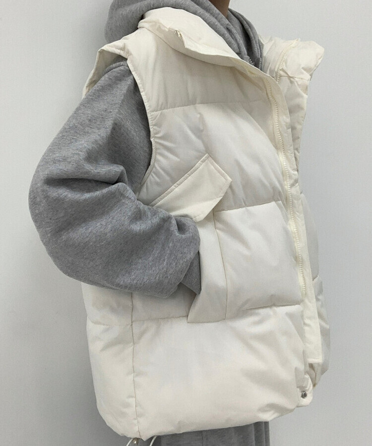 인생핏 하이넥 아방 루즈 도톰 스트링 패딩조끼 크림