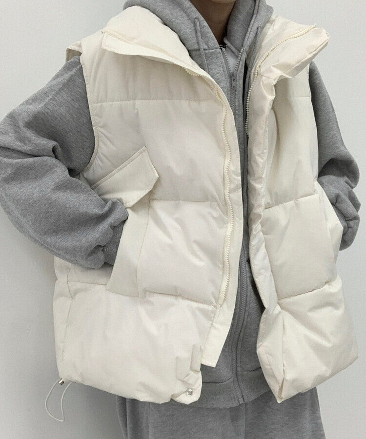 인생핏 하이넥 아방 루즈 도톰 스트링 패딩조끼 크림
