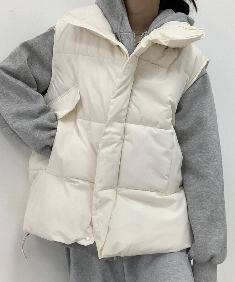 인생핏 하이넥 아방 루즈 도톰 스트링 패딩조끼 크림