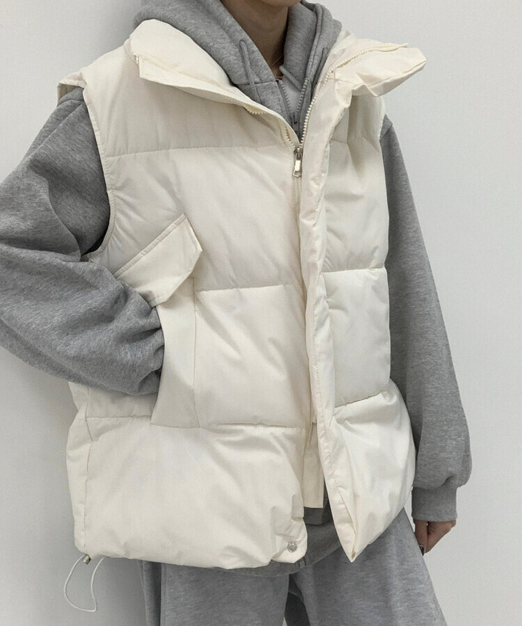 인생핏 하이넥 아방 루즈 도톰 스트링 패딩조끼 크림