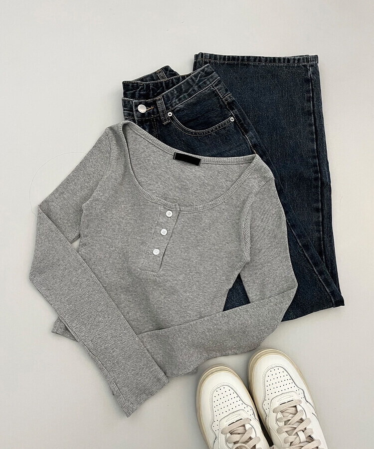 시에나골지버튼크롭긴팔티