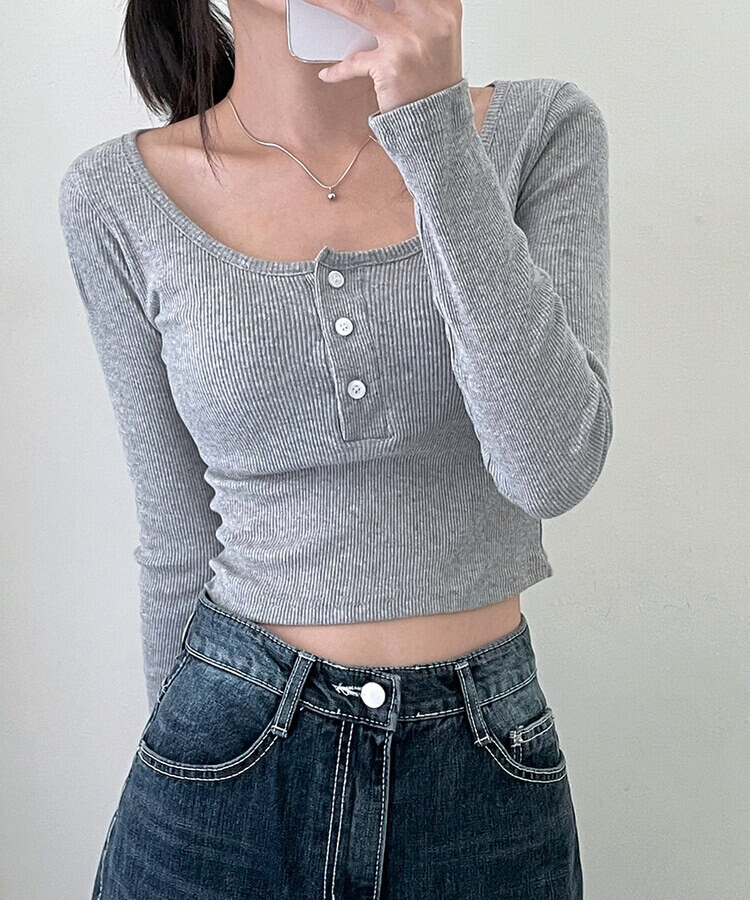 시에나골지버튼크롭긴팔티 그레이