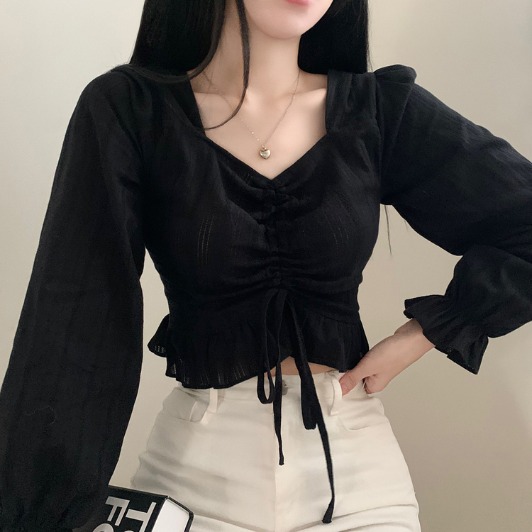 ハートネックシャーリングクロップブラウス ブラック