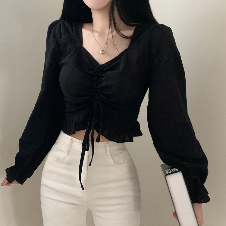 ハートネックシャーリングクロップブラウス ブラック