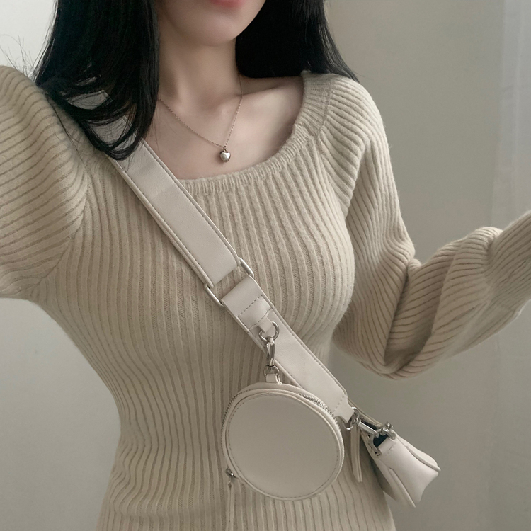 남심저격 스퀘어넥 퍼프 골지 긴팔 미니 원피스 베이지