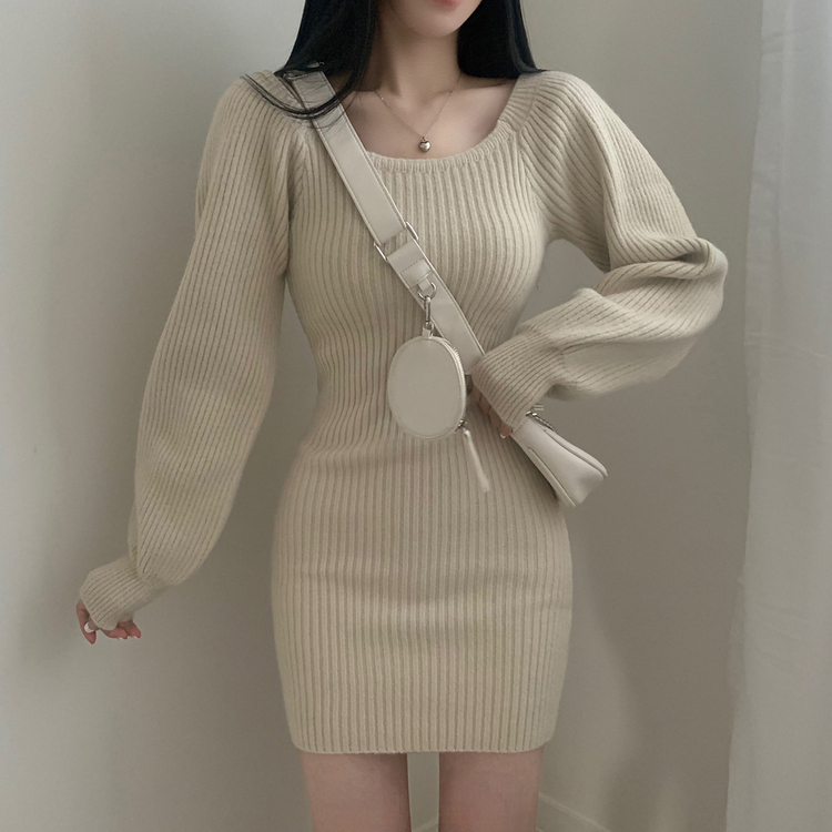 남심저격 스퀘어넥 퍼프 골지 긴팔 미니 원피스 베이지