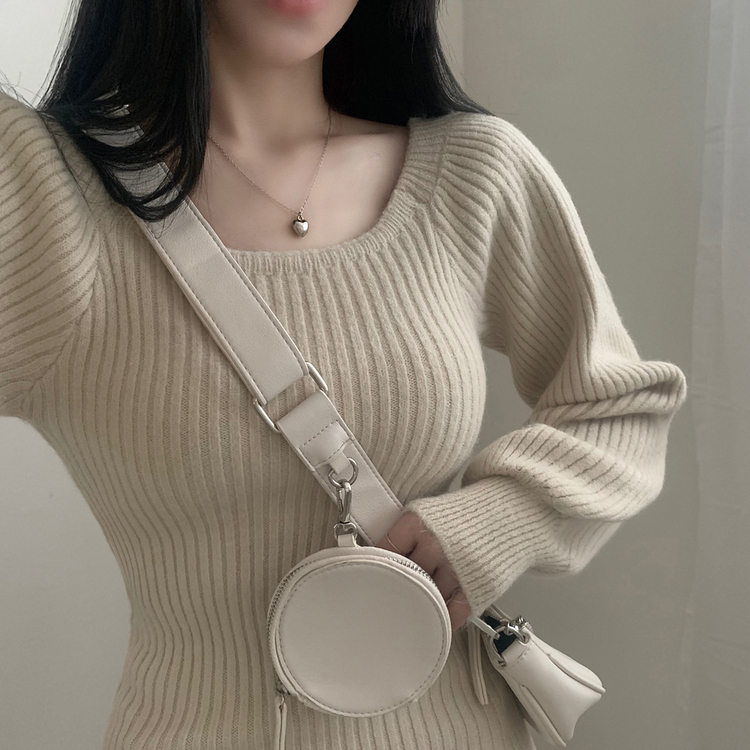 남심저격 스퀘어넥 퍼프 골지 긴팔 미니 원피스 베이지