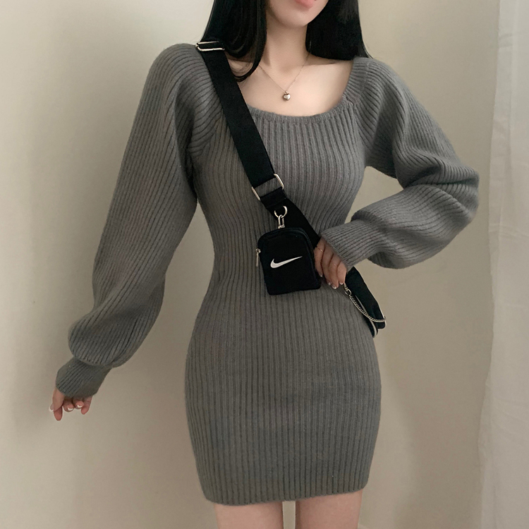 남심저격 스퀘어넥 퍼프 골지 긴팔 미니 원피스 그레이
