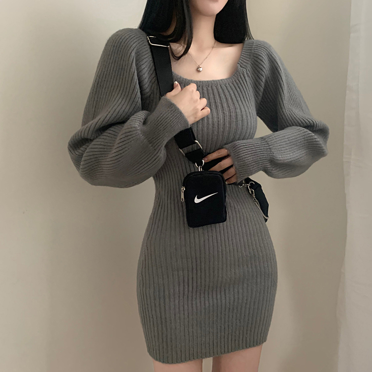 남심저격 스퀘어넥 퍼프 골지 긴팔 미니 원피스 그레이