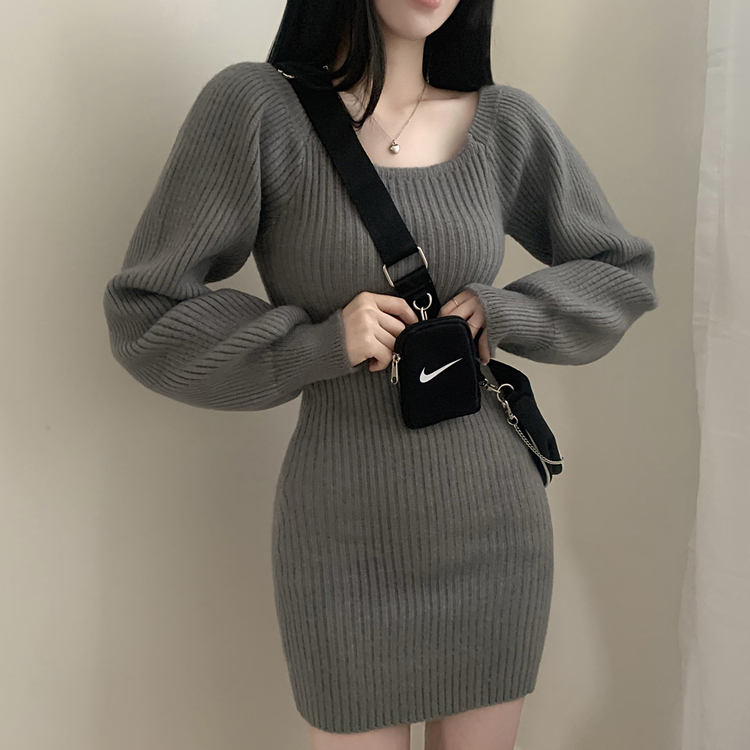 남심저격 스퀘어넥 퍼프 골지 긴팔 미니 원피스 그레이