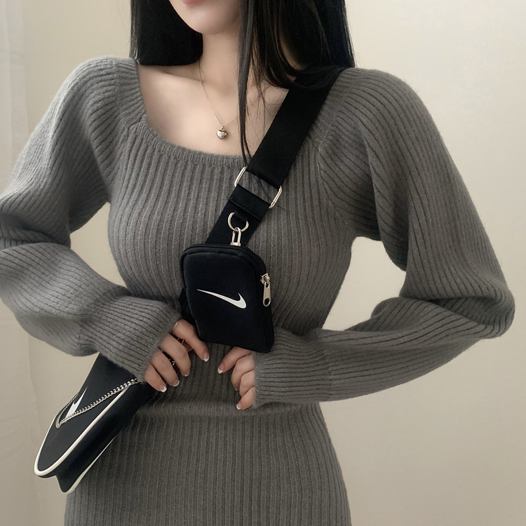 남심저격 스퀘어넥 퍼프 골지 긴팔 미니 원피스 그레이