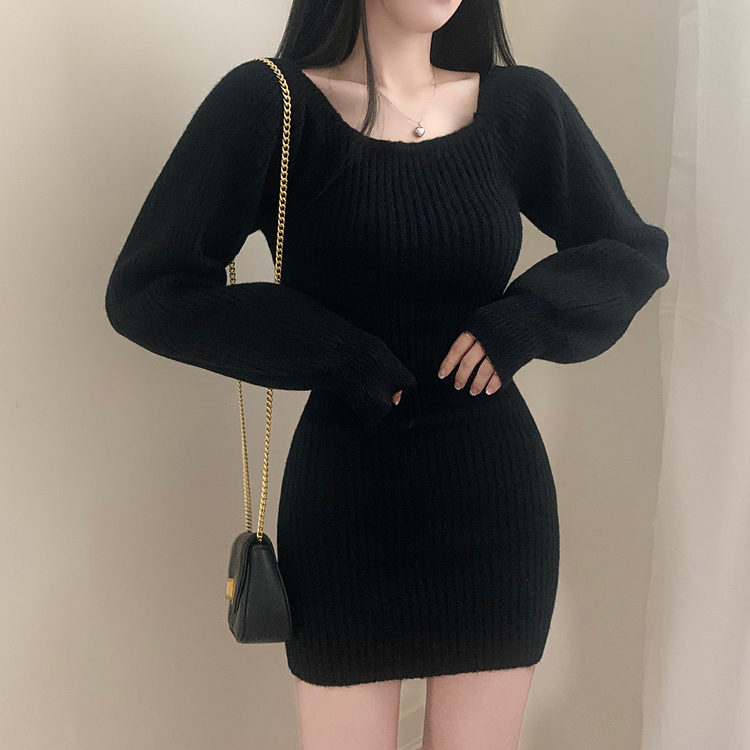 남심저격 스퀘어넥 퍼프 골지 긴팔 미니 원피스 블랙