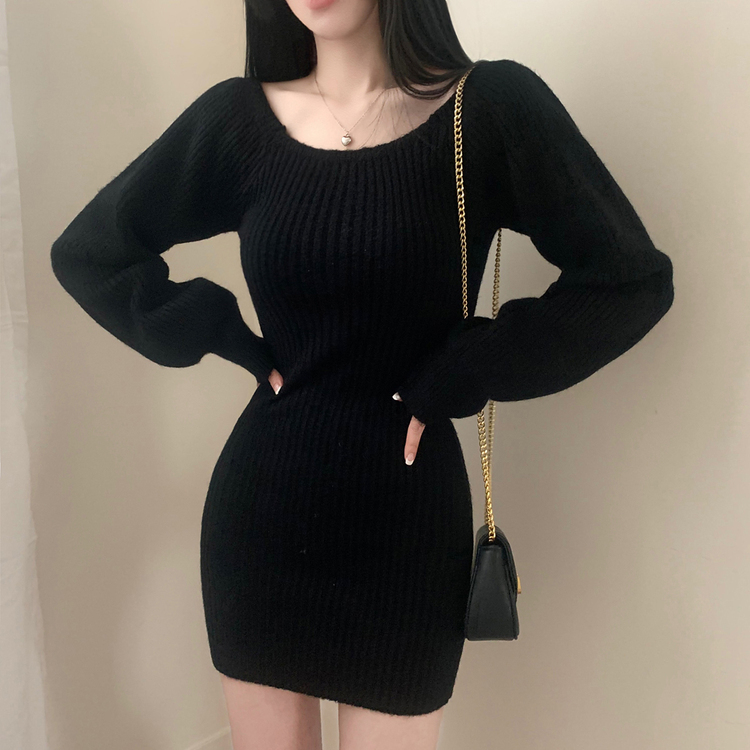 남심저격 스퀘어넥 퍼프 골지 긴팔 미니 원피스 블랙