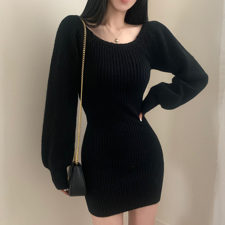 남심저격 스퀘어넥 퍼프 골지 긴팔 미니 원피스 블랙