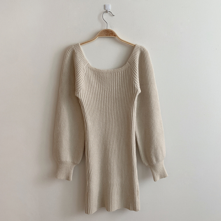 남심저격 스퀘어넥 퍼프 골지 긴팔 미니 원피스