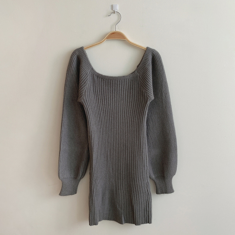 남심저격 스퀘어넥 퍼프 골지 긴팔 미니 원피스