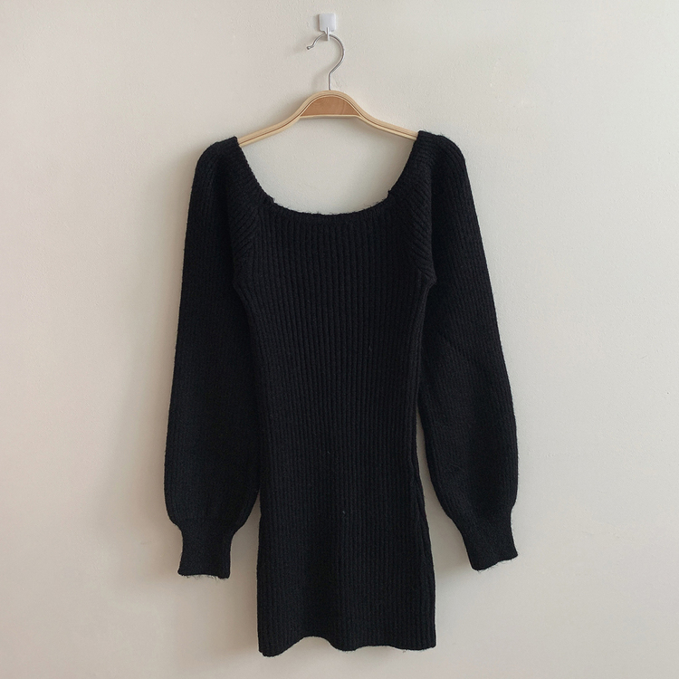 남심저격 스퀘어넥 퍼프 골지 긴팔 미니 원피스