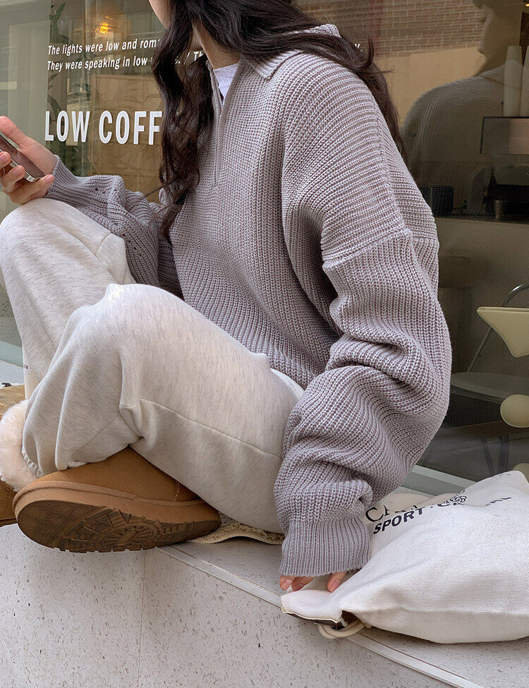 ハーフジップアップパンチングニット5色 グレー