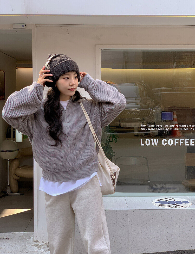 ハーフジップアップパンチングニット5色 グレー